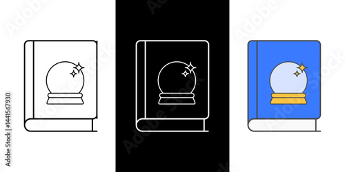Crystal ball book icon for mystical stories, fortune-telling tales, and magical fantasy novels, available in outline, dark mode, and color styles.