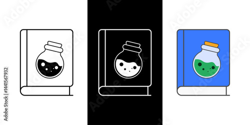 Potion bottle book icon for fantasy novels, magical tales, and mystical storytelling, crafted in outline, dark mode, and color variations.