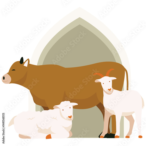 Eid Al-Adha Illustration. Vector illustration of A group of Qurban animals including a cow, goat, and sheep stands peacefully, representing the livestock prepared for Eid Al-Adha sacrifice.