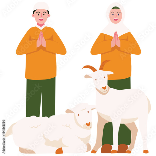 Eid Al-Adha. Vector illustration of A Muslim man and woman stand respectfully beside Qurban animals with hands together in prayer, celebrating the spirit of Eid Al-Adha with gratitude and devotion.
