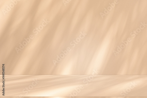 Wall interior background, studio and backdrops show products. with leaf shadow from window color beige and white. background for text insertion and presentation of product	