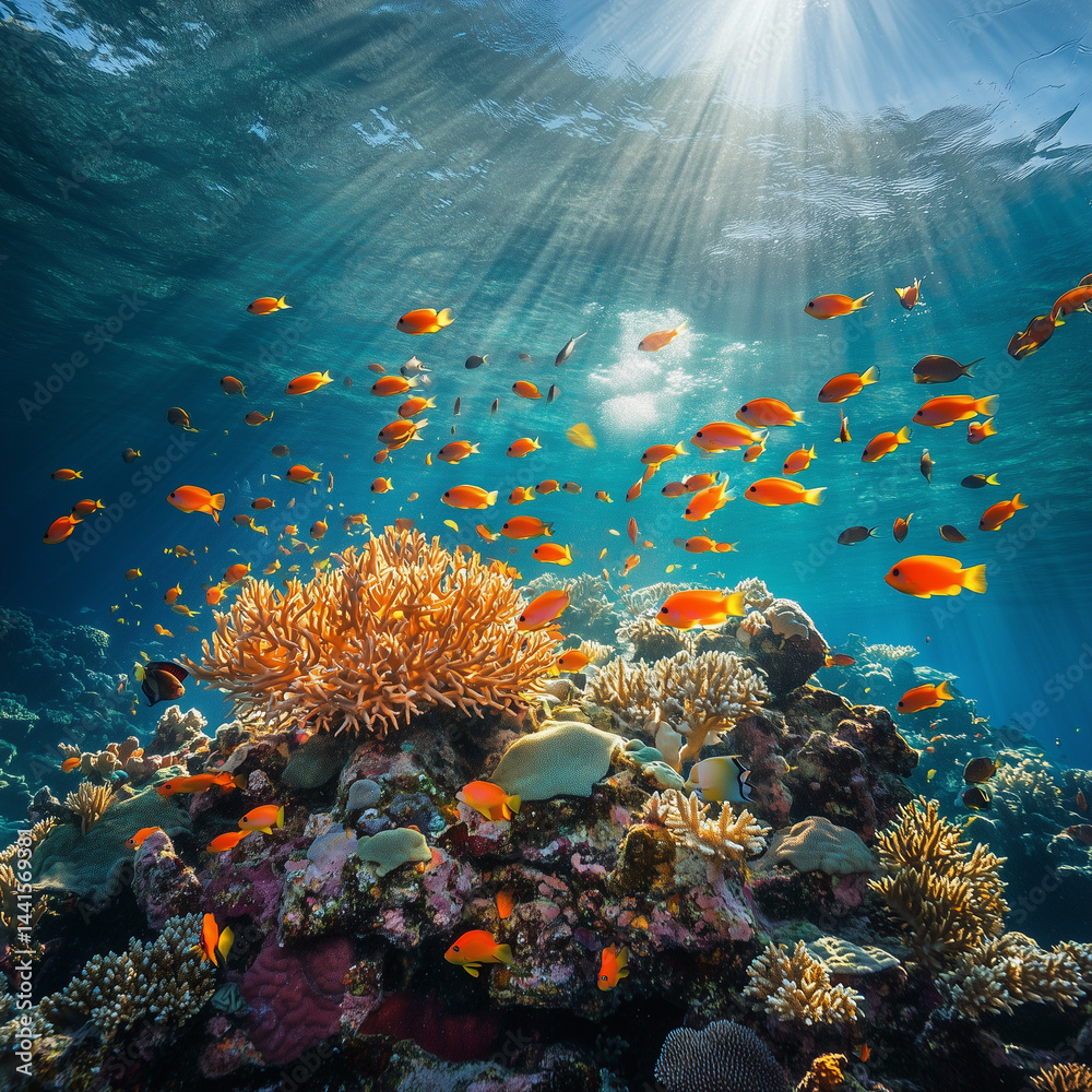 Fototapeta premium Underwater Shot of Colorful Coral Reef with Tropical Fish Swarm