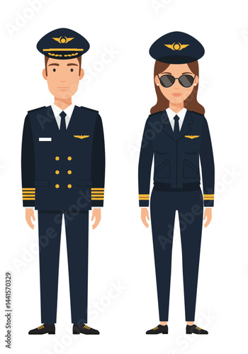 A colorful flat design set of four diverse pilots—two men, two women—wearing unique uniforms, standing confidently on a plain white background.