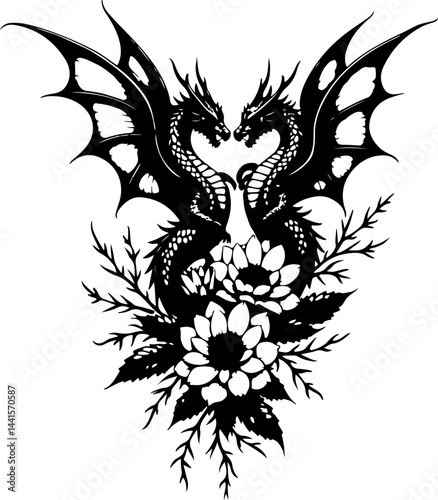 Twin Dragons with Roses Tattoo Design