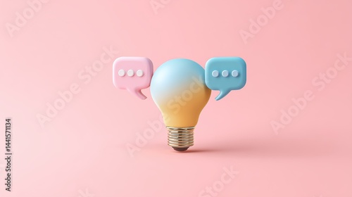 A pastel lightbulb with two speech bubbles on a pink background, symbolizing creative communication and ideas.