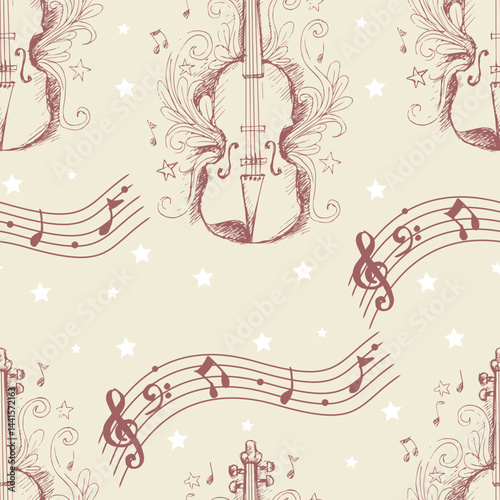 Hand-drawn musical violin pattern with notes and stars