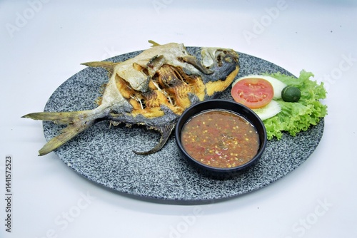 Crispy fried spadefish (bawal bintang) served with spicy seafood sambal. A flavorful Indonesian dish perfect for spicy food lovers.