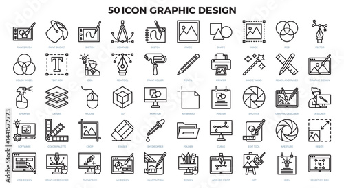 Set of vector icons illustrating various aspects of digital design, including software development, color palettes, web design, and graphic design. Perfect for use in presentations, websites, and mark