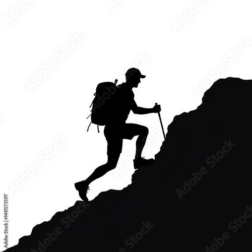 Silhouette of a hiker climbing a mountain.