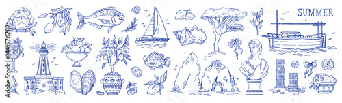 Summer sea beach icons. Summer Italy Amalfi lemon beach vacation. Sea watercolor doodle italian coastal hand drawn set. Crayon sketch boat coast seafood. Mediterranean Greece, Italy vintage design bg