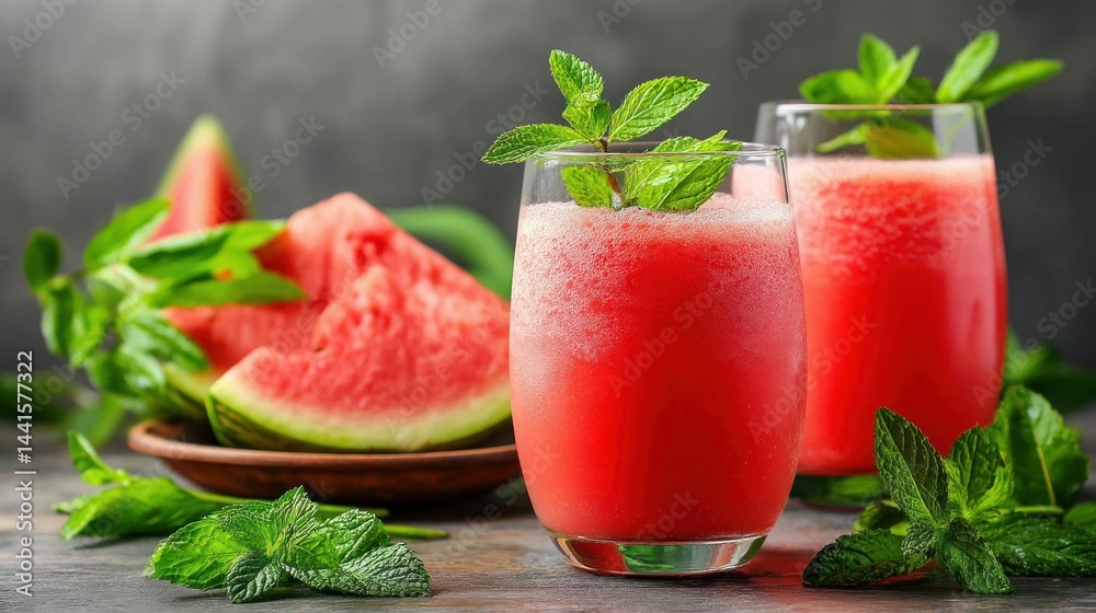 Two glasses of watermelon smoothie garnished with mint, alongside juicy watermelon slices. Two glasses of watermelon smoothie garnished with mint, alongside juicy watermelon slices.
