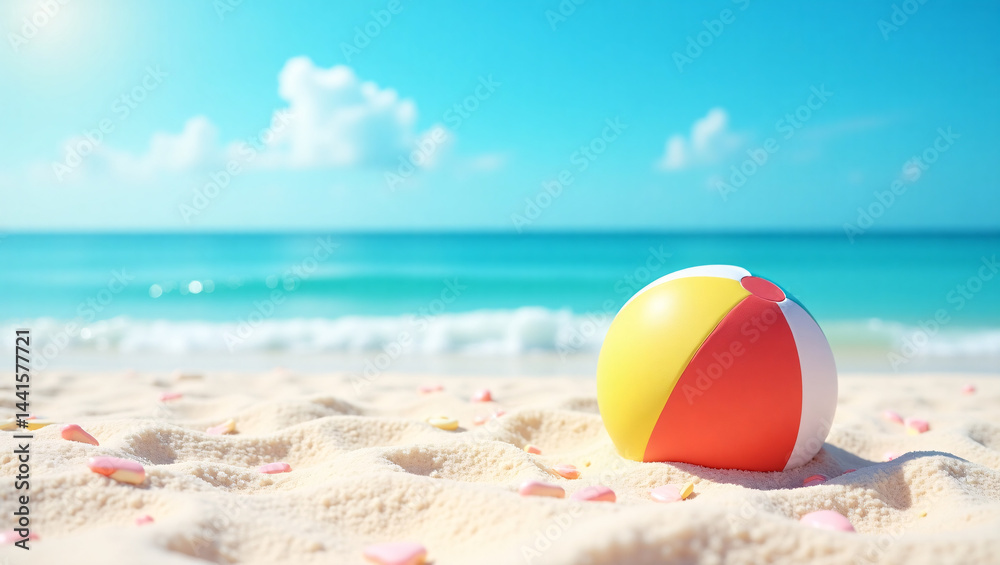 Obraz premium Beach Ball by the Shore: A vibrant beach ball rests on a sandy shore with the sea, evoking feelings of summer fun and childhood memories. The image captures a sense of relaxation, adventure.