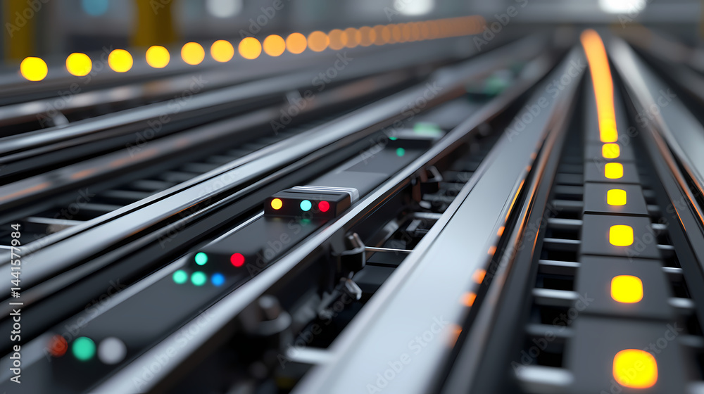 Multiple illuminated tracks with colorful lights, showcasing a futuristic and high-tech environment with a focus on transportation systems. Multiple illuminated tracks with colorful lights, showcasing a futuristic and high-tech environment with a focus on transportation systems.