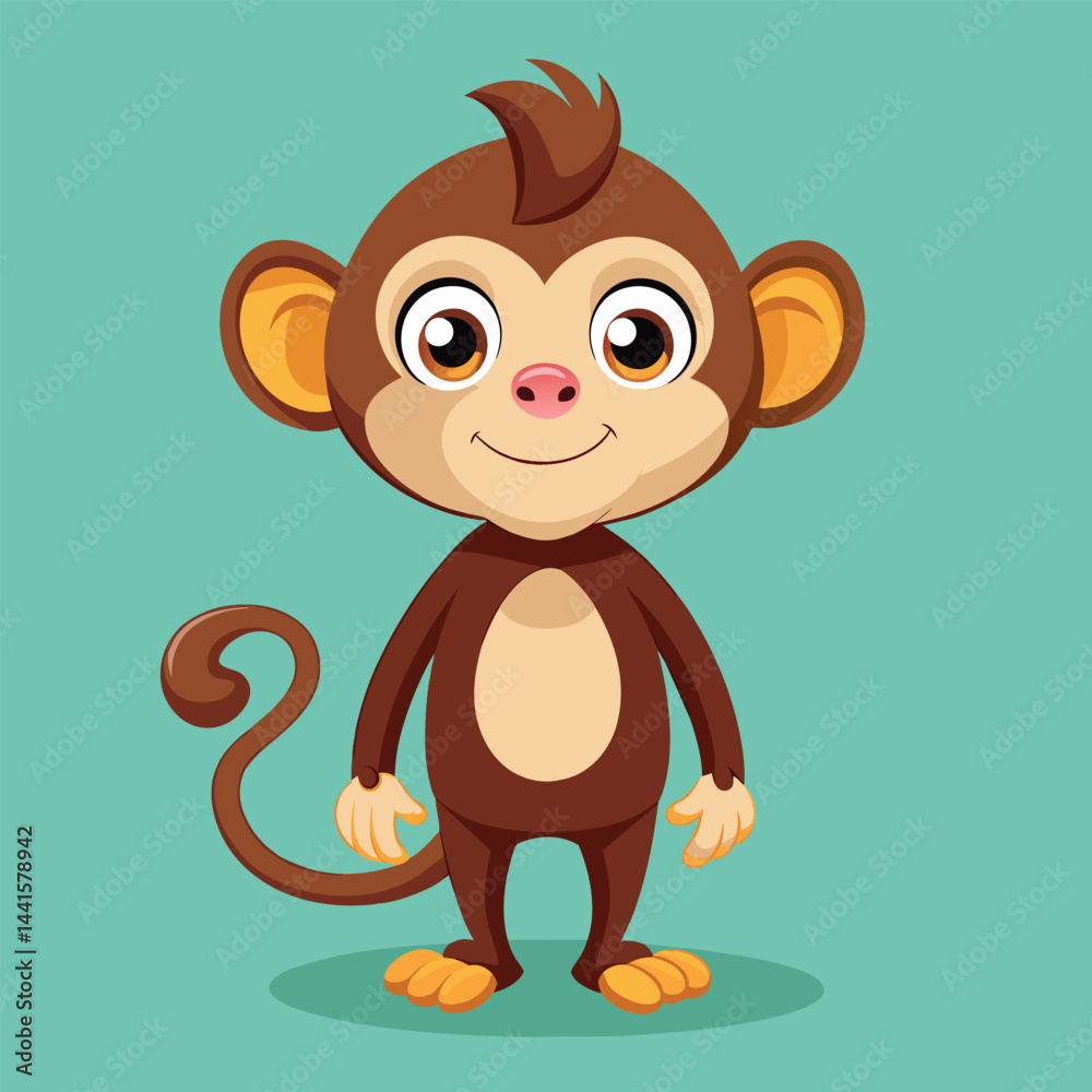 Fototapeta premium A cheerful cartoon monkey stands confidently with a friendly expression. Its big eyes and playful pose make it an inviting character on a vibrant teal backdrop.