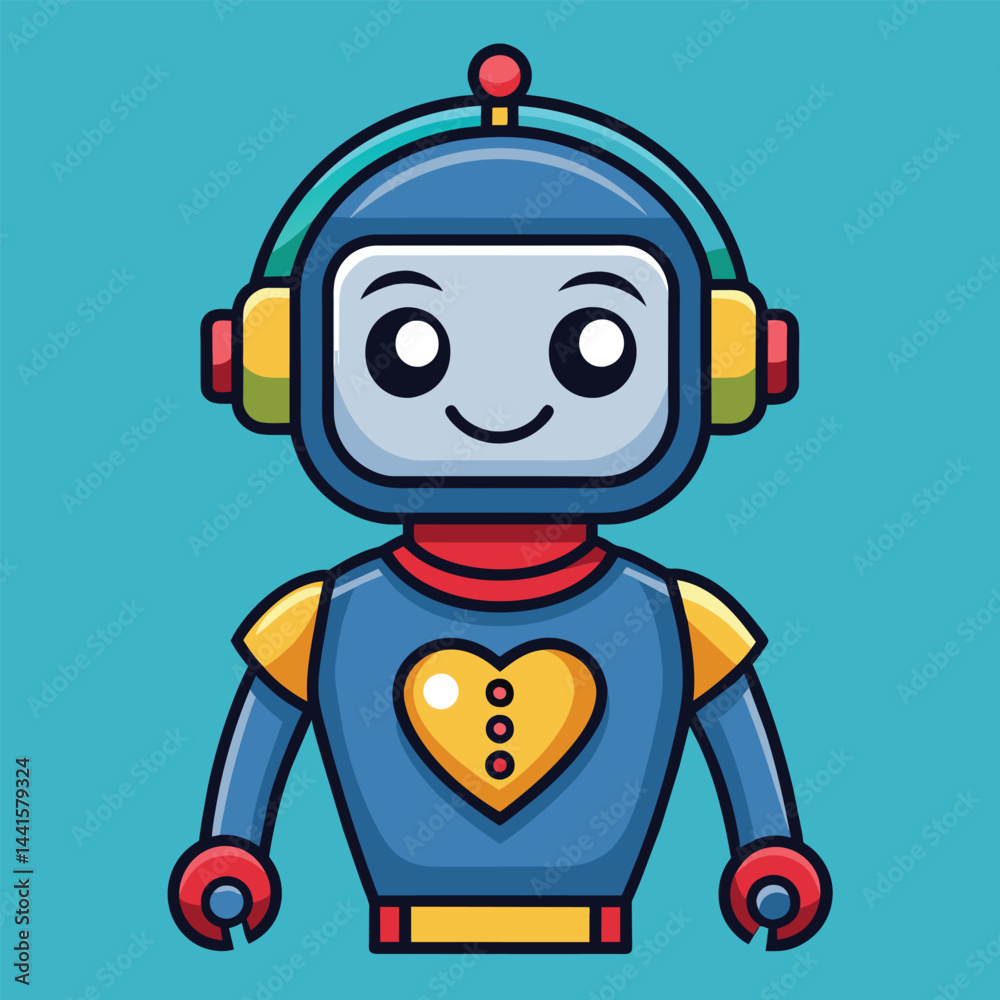 A colorful cartoon robot featuring a heart on its chest and headphones stands cheerfully against a bright teal backdrop, exuding a friendly vibe meant to engage viewers. A colorful cartoon robot featuring a heart on its chest and headphones stands cheerfully against a bright teal backdrop, exuding a friendly vibe meant to engage viewers.