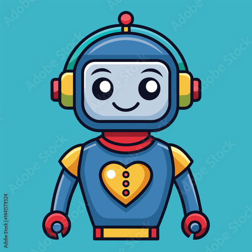 A colorful cartoon robot featuring a heart on its chest and headphones stands cheerfully against a bright teal backdrop, exuding a friendly vibe meant to engage viewers.