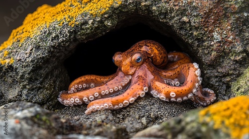 Small octopus resting in rock crevice, nature's hiding place