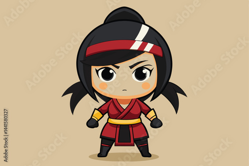 A small cartoon figure stands firmly, wearing a striking red martial arts outfit. The character has a determined expression and poses in an assertive stance, ready for action.