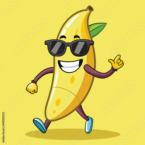 A playful cartoon banana wearing sunglasses walks happily, showcasing a bright smile and giving a thumbs up, radiating positive vibes and fun energy.