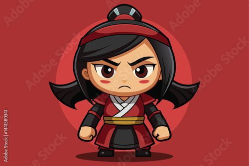 An animated figure with a serious expression stands firmly, wearing a traditional red outfit with bold black accents, ready for action in a vibrant setting.