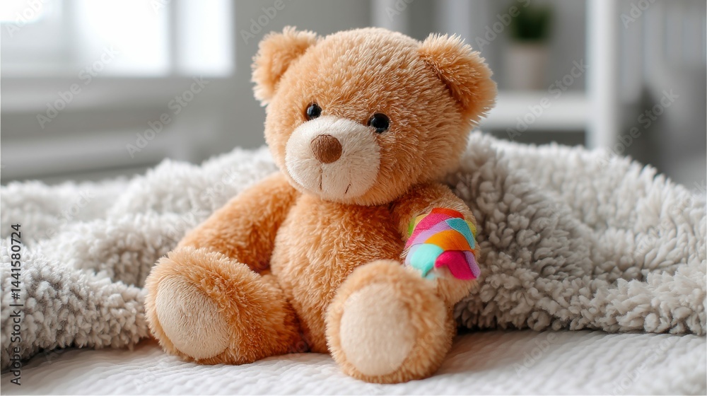 A cuddly teddy bear with a colorful patch resting on a soft, textured blanket. A cuddly teddy bear with a colorful patch resting on a soft, textured blanket.