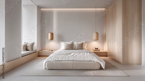 Serene bedroom design featuring soft lighting, minimalist aesthetics, and neutral palette