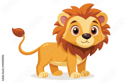 A playful and cartoonish lion stands confidently, showcasing its vibrant orange fur and a welcoming smile, perfect for children's illustrations or educational materials.