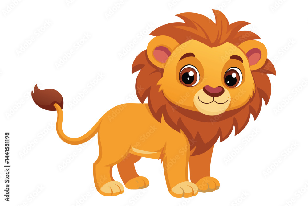 Fototapeta premium This cheerful cartoon lion features a vibrant orange coat and large expressive eyes, embodying warmth and playfulness commonly found in children's art and storytelling.