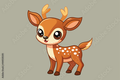 A charming cartoon deer with large expressive eyes and tiny antlers stands cheerfully against a neutral backdrop, ideal for children's books and art projects.