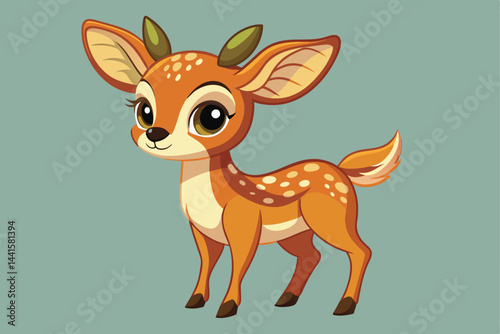 A charming cartoon deer with large eyes and soft fur stands upright, exuding a playful demeanor. Its vibrant orange coat and white spots make it appear lively and adorable.