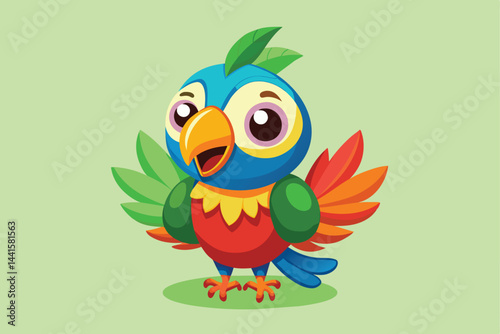 A cheerful cartoon parrot with bright colors and an expressive face stands happily on a soft green background, perfect for engaging children's content and educational themes.