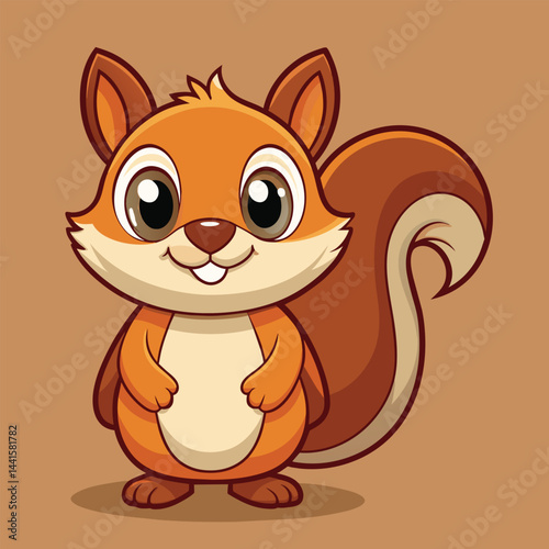 A friendly cartoon squirrel displays a joyful expression with big eyes, standing upright and showcasing its bushy tail against a simple background.