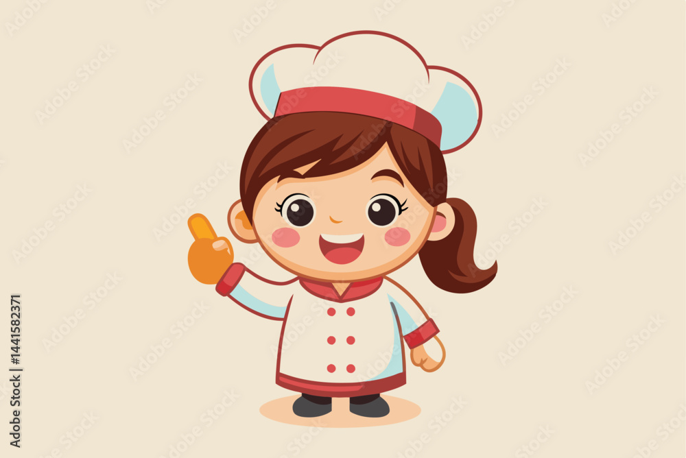 A cheerful cartoon chef character smiles and raises a chicken drumstick in a bright kitchen. The character wears a white coat and a traditional chef's hat, exuding happiness. A cheerful cartoon chef character smiles and raises a chicken drumstick in a bright kitchen. The character wears a white coat and a traditional chef's hat, exuding happiness.