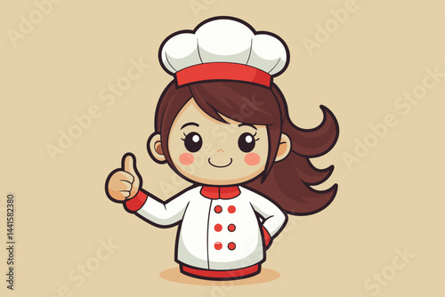 A cheerful cartoon chef character gives a thumbs-up, wearing a white chef's coat with red buttons and a matching hat, radiating positivity and enthusiasm in a simple setting.
