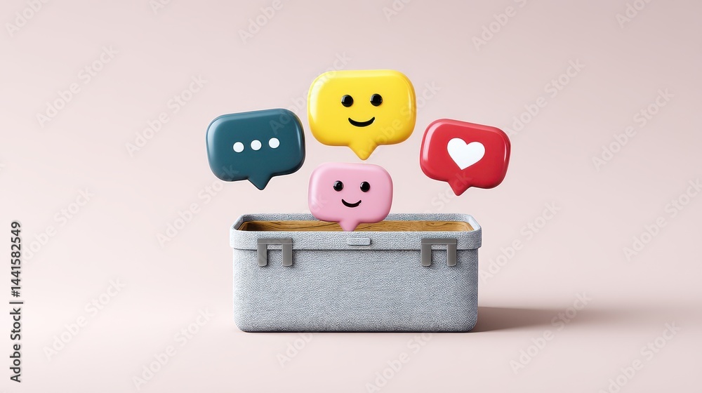 The concept of searching for the meaning of life. A treasure chest filled with colorful happiness symbols floating around, illustrating the question of whether wealth brings joy.
