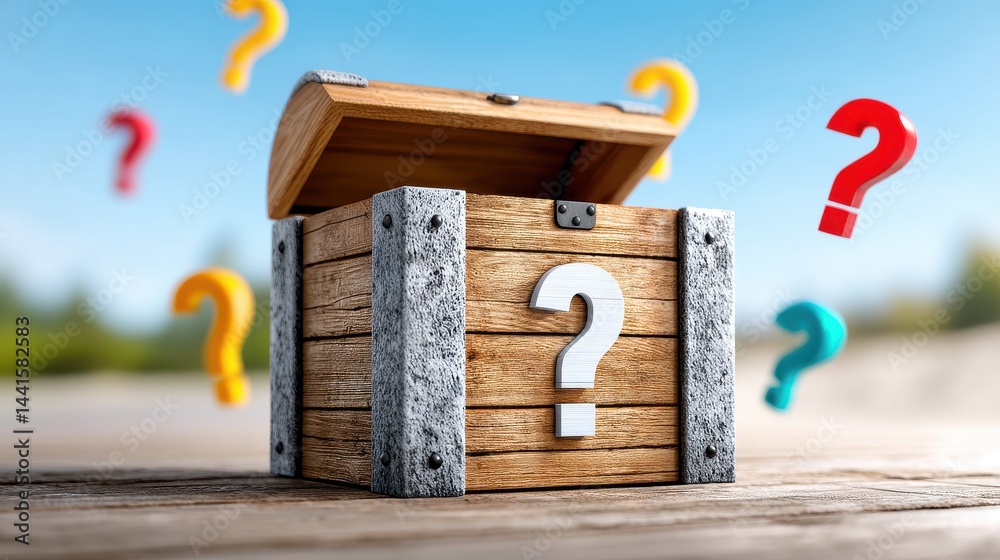The concept of searching for the meaning of life. A treasure chest filled with colorful happiness symbols floating around, illustrating the question of whether wealth brings joy.
