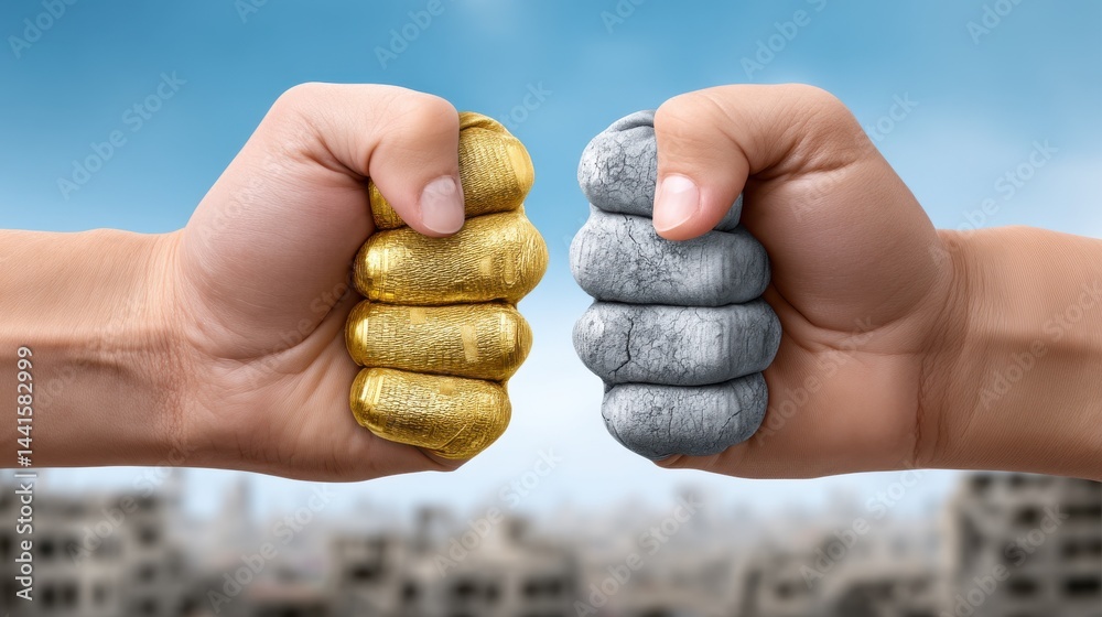 A clenched fist made of financial symbols crashing into each other, representing the clash of economies, trade wars, tariffs, and economic crises.