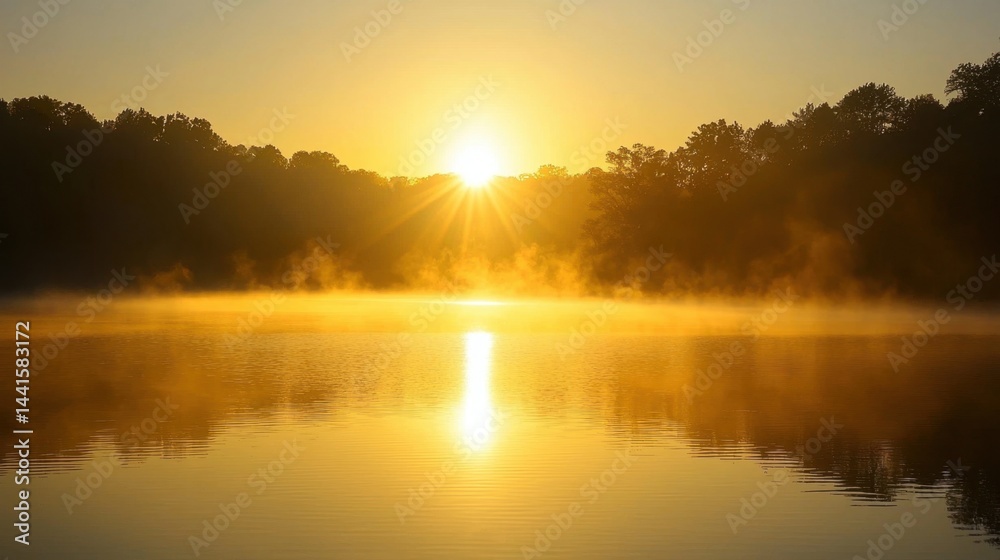 Golden sunrise over a peaceful lake, mist rising from the water, serene and dreamy morning atmosphere. Golden sunrise over a peaceful lake, mist rising from the water, serene and dreamy morning atmosphere.