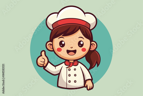 A cartoon chef girl with a big smile and a thumbs up stands confidently, wearing a chef hat and a white uniform in a colorful setting that evokes a joyful kitchen atmosphere.