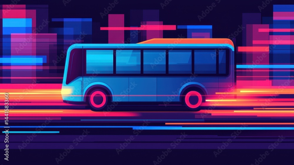 Futuristic Electric Bus in Vibrant Smart City Scene with Dynamic Colorful Background