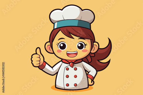 A happy cartoon chef with long brown hair is smiling and giving a thumbs up. She wears a classic white chef uniform and a tall hat, radiating positivity and enthusiasm.