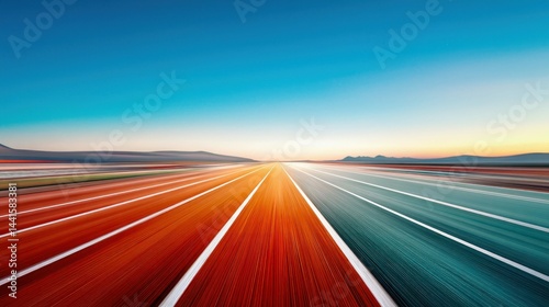 An abstract road leads towards the horizon with motion blur, under a beautiful, clear sky.