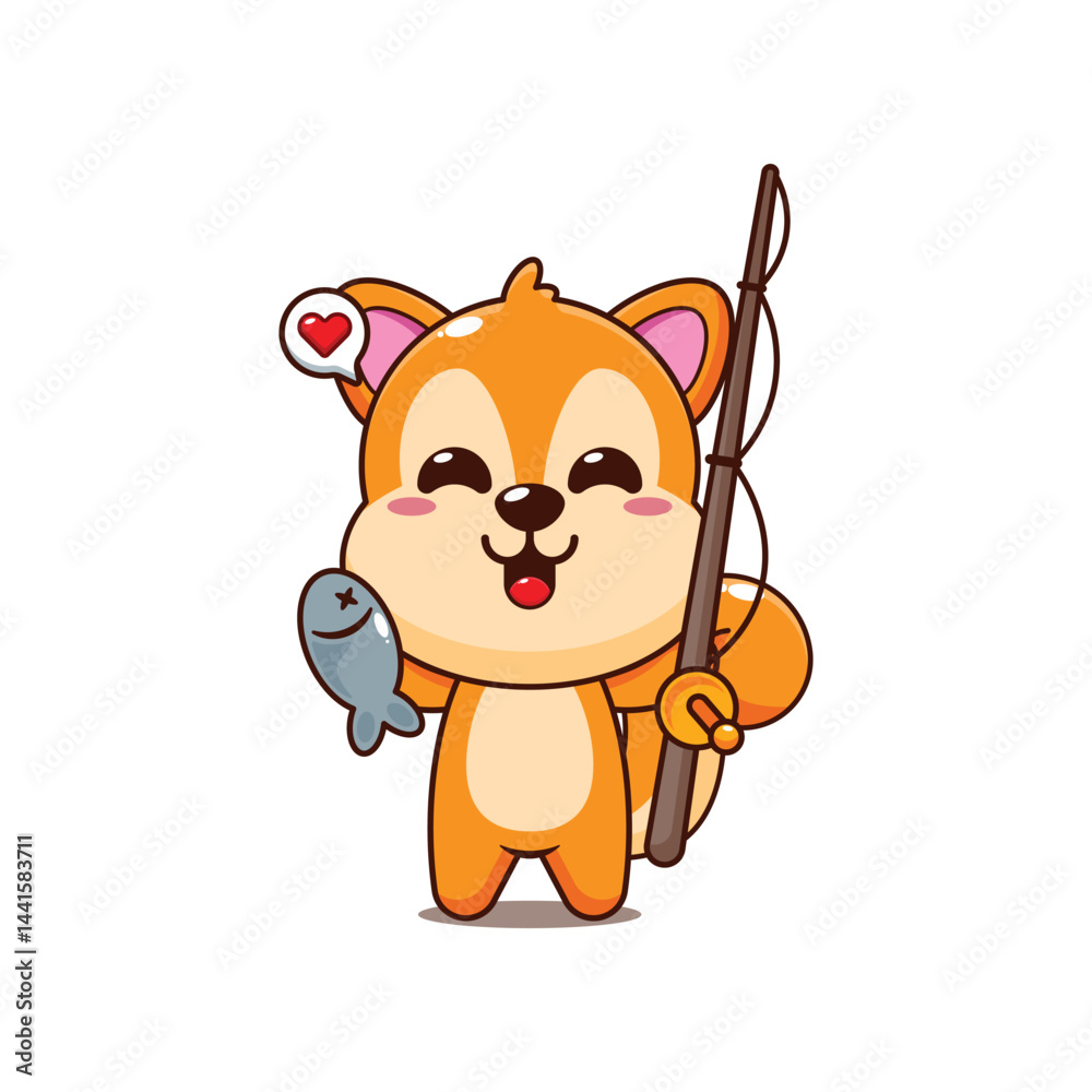 Obraz premium Cute squirrel cartoon vector illustration catching fish with fishing rod