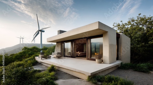 Modern residence with wind turbines creating an off-grid sustainable living space