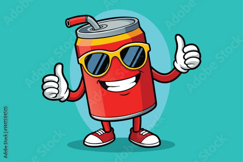 A cheerful cartoon soda can sporting sunglasses smiles widely while giving two thumbs up against a vibrant turquoise backdrop, inviting joy and fun.