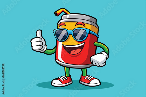 A lively cartoon beverage character with a straw and sunglasses smiles and gives a thumbs up, set against a vibrant blue backdrop, exuding positivity.