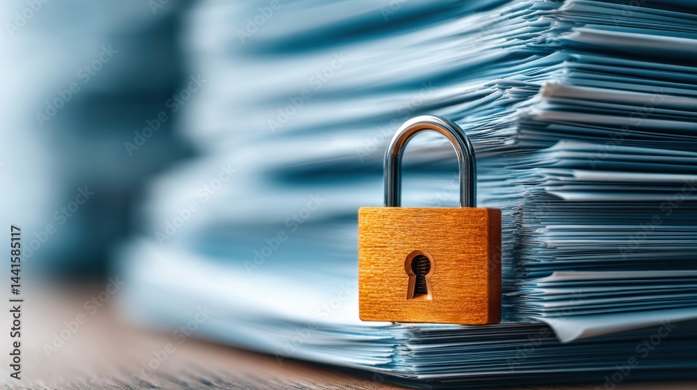 Naklejka premium A padlock placed in front of a pile of documents, highlighting data protection and security.