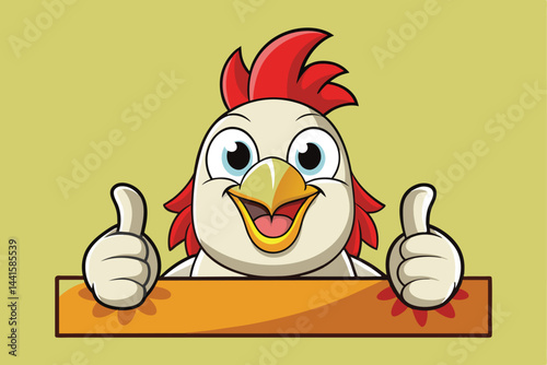 A joyful cartoon chicken is enthusiastically giving a thumbs up, peering over a wooden sign against a vibrant background, radiating positivity.
