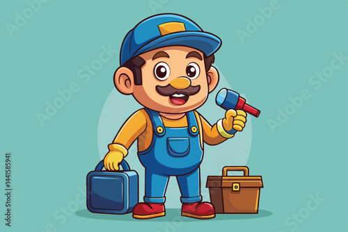 A cheerful cartoon character dressed in blue overalls and a yellow shirt holds a microphone while standing next to two toolboxes, ready for work.