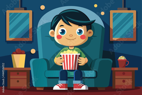 A young boy sits comfortably in a cozy chair, happily holding a large bucket of popcorn, ready to enjoy a movie night filled with fun and excitement.